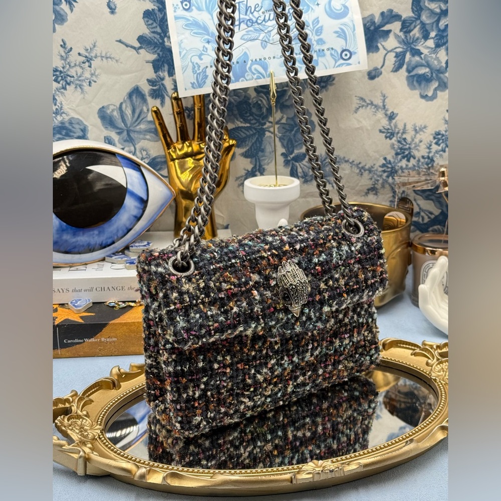 🆕 KURT GEIGER LONDON 🧿 NWOT Tweed Mini Bag, Black & Rainbow Tweed